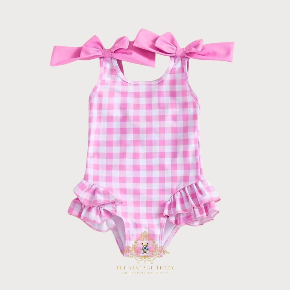 NWT Pretty Girls One-Piece Swimsuit Kids Swimwear Gingham Pink & White 6-12M
